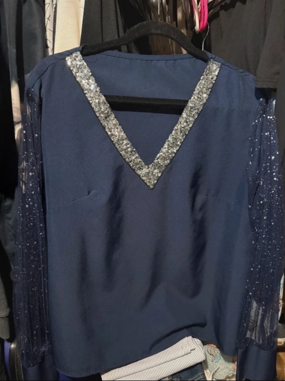 Navy Sequin V-Neck Women's Top size L